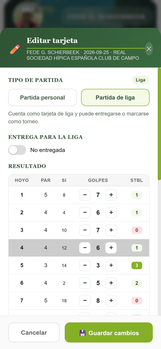 Edición de una tarjeta hoyo a hoyo