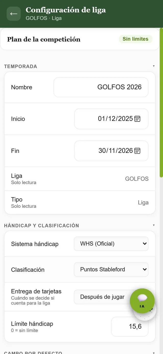 Configuración de la liga: temporada, hándicap y clasificación
