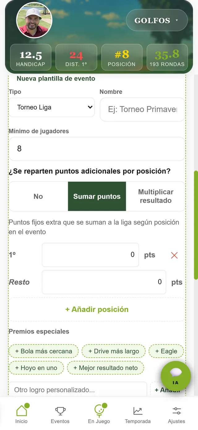 Plantilla de torneo con puntos por posición y premios especiales