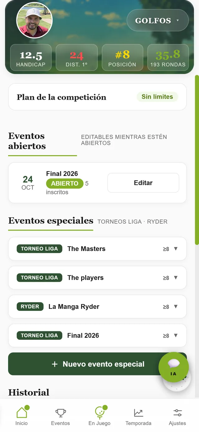 Eventos abiertos y eventos especiales de la liga