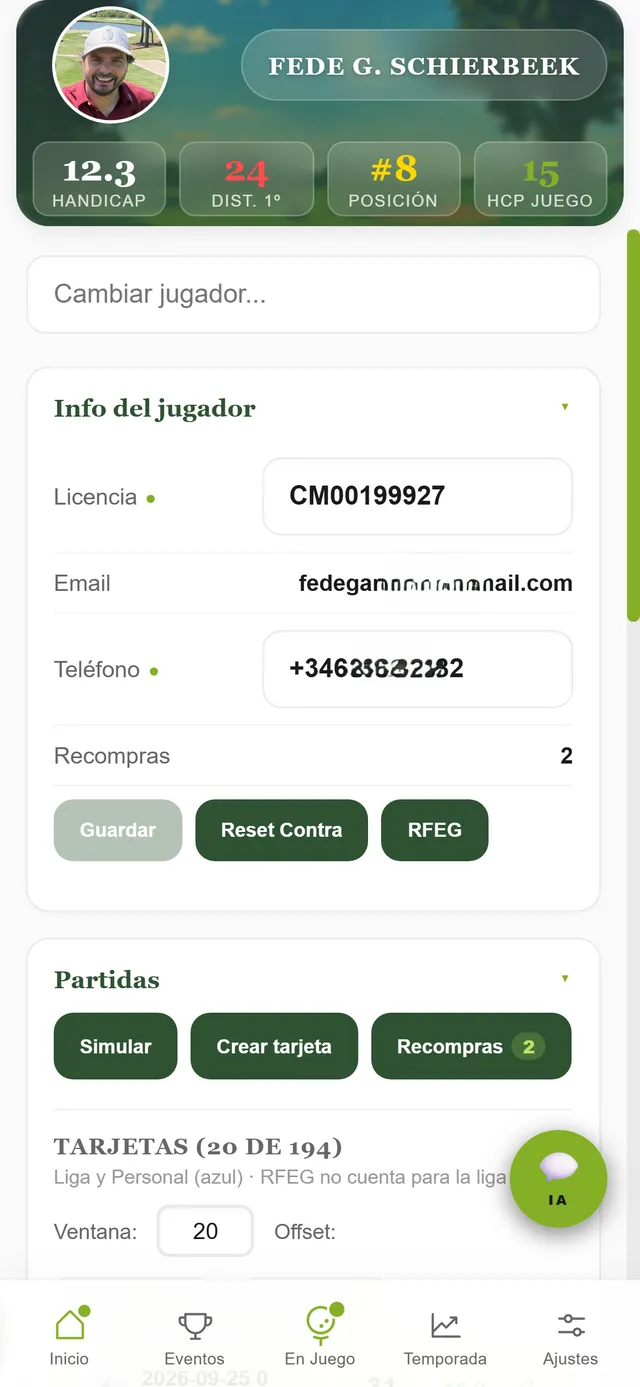 Ficha de jugador con sus datos y sus partidas