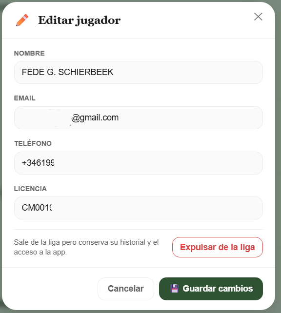 Ventana para editar un jugador o expulsarle de la liga