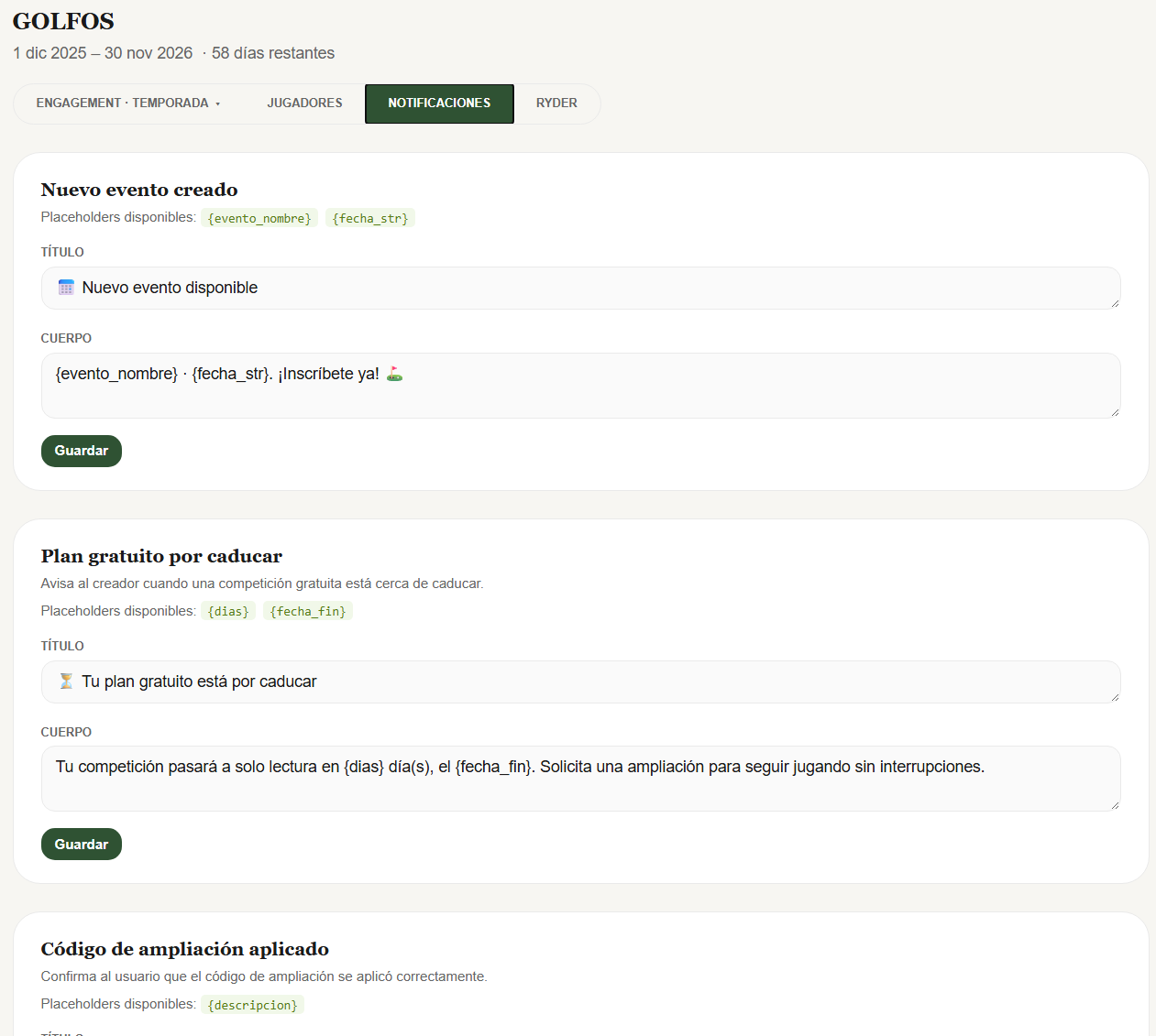 Editor de plantillas de notificaciones con campos automáticos