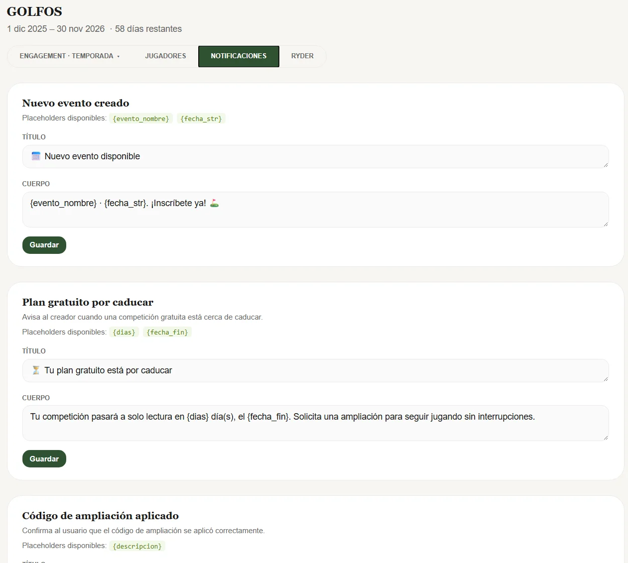 Editor de plantillas de notificaciones con campos automáticos