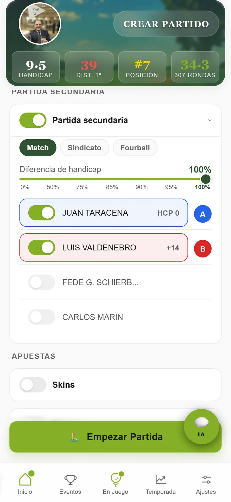 Partida secundaria: Match, Sindicato y Fourball